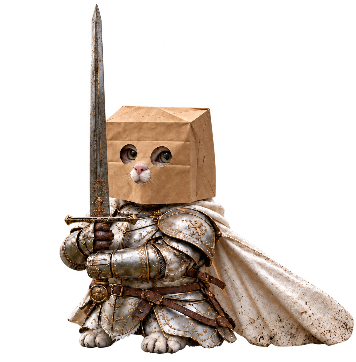 ZSWORDCAT, a kitten knight in silver armor with a paper bag over its head, holding a longsword