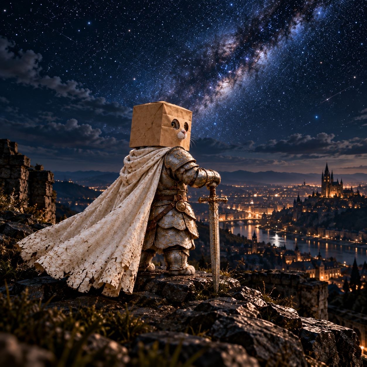 ZSWORDCAT on a cliff edge, sword planted, watching a city at night